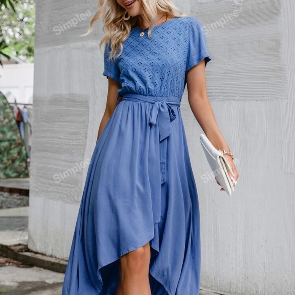 Simple Blue Asymmetrical High-Low Sundress